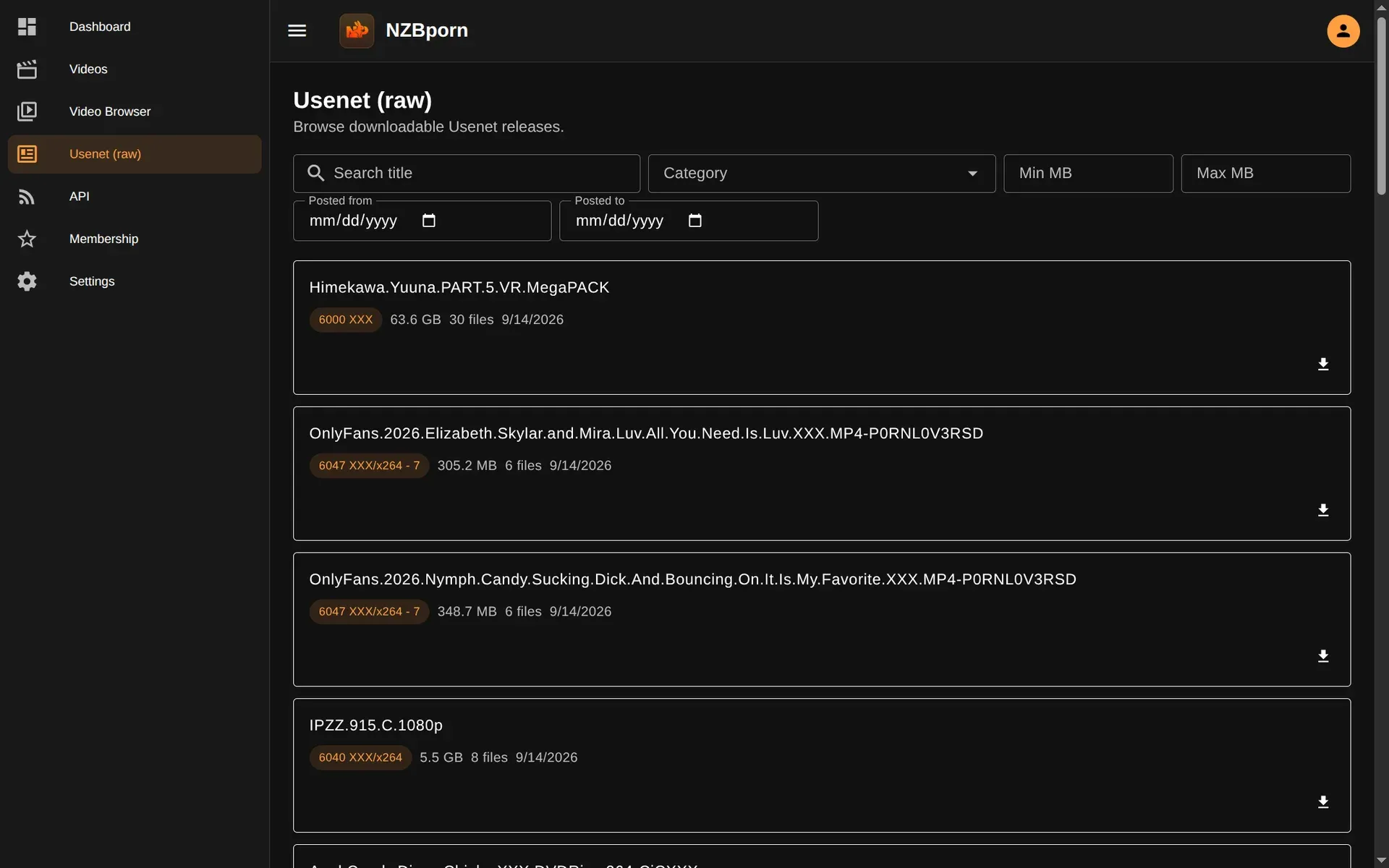 Usenet raw view listing downloadable Usenet releases with category, size and file count