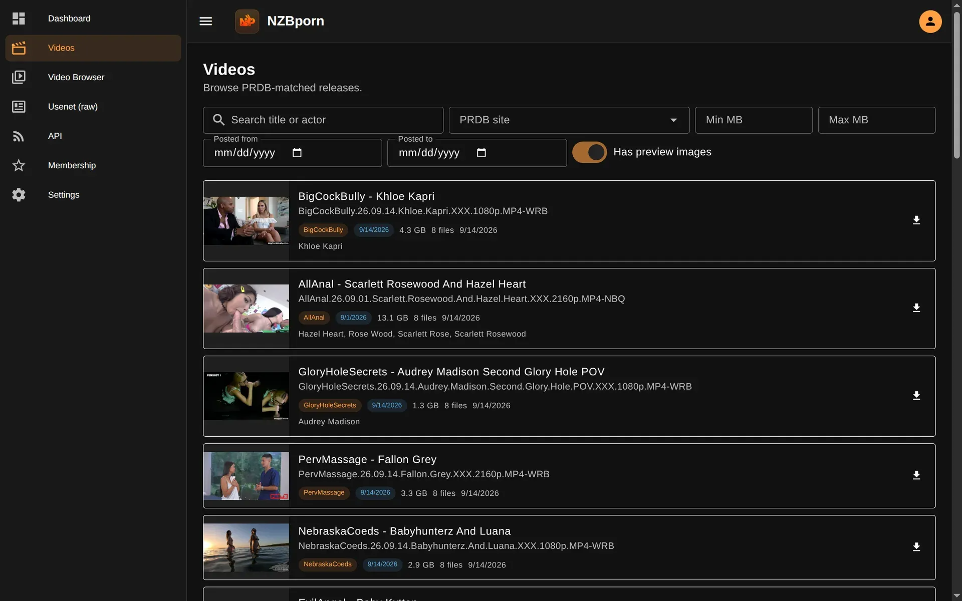 Videos view listing PRDB-matched releases with preview images, size and file count