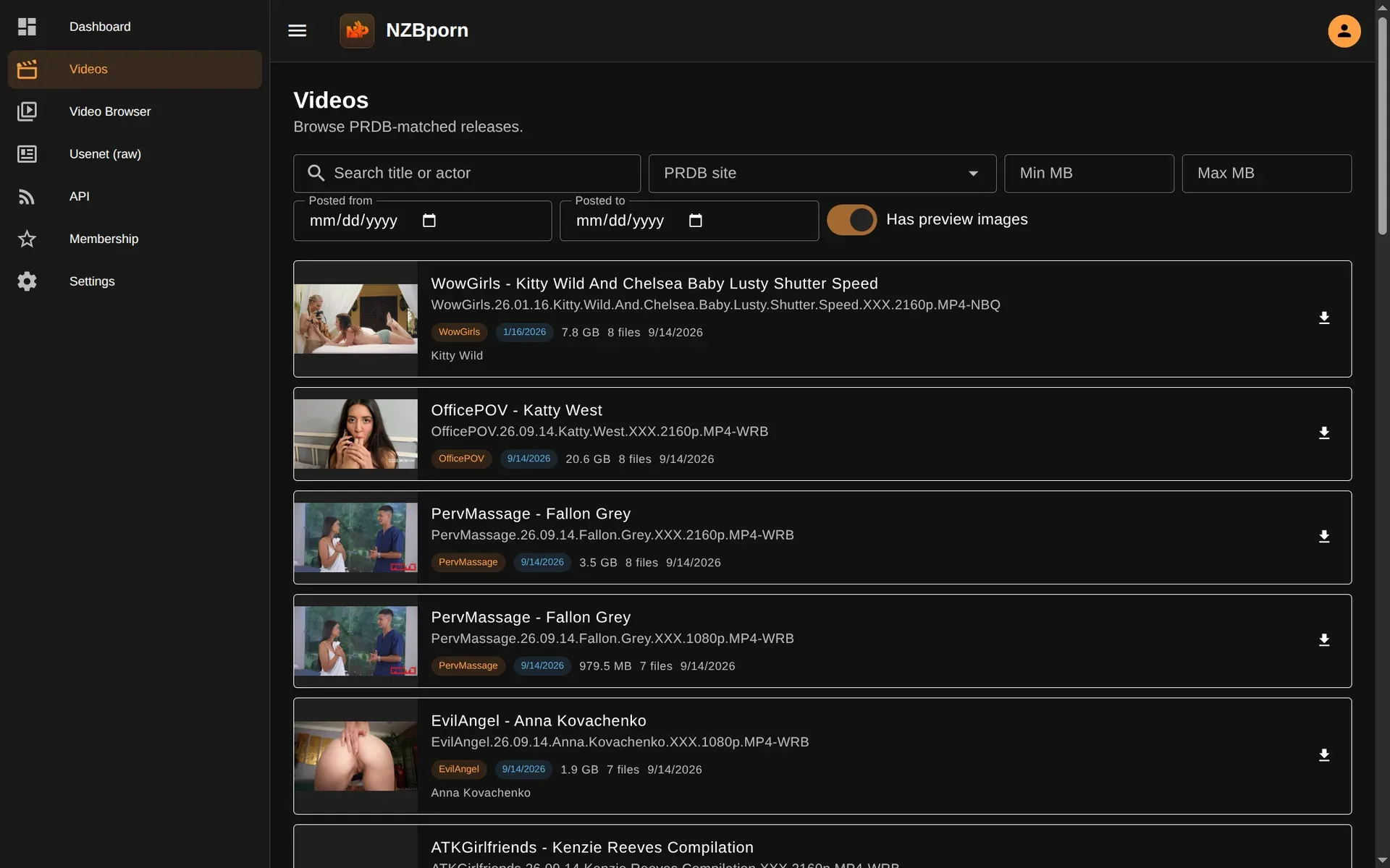 Videos view, second page of results