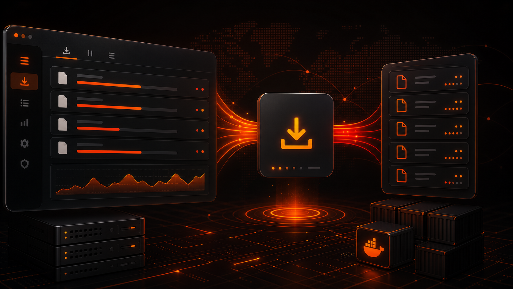 Abstract dark downloader dashboard connected to NZB release cards and server containers